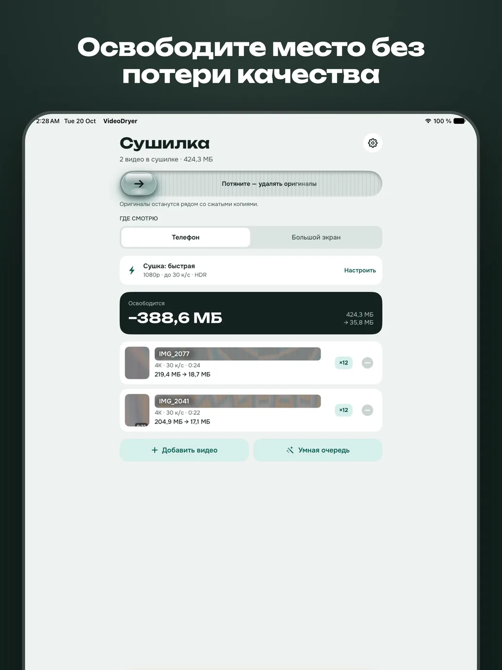 Экран сушилки на iPad Pro с запланированной экономией 388,6 МБ.