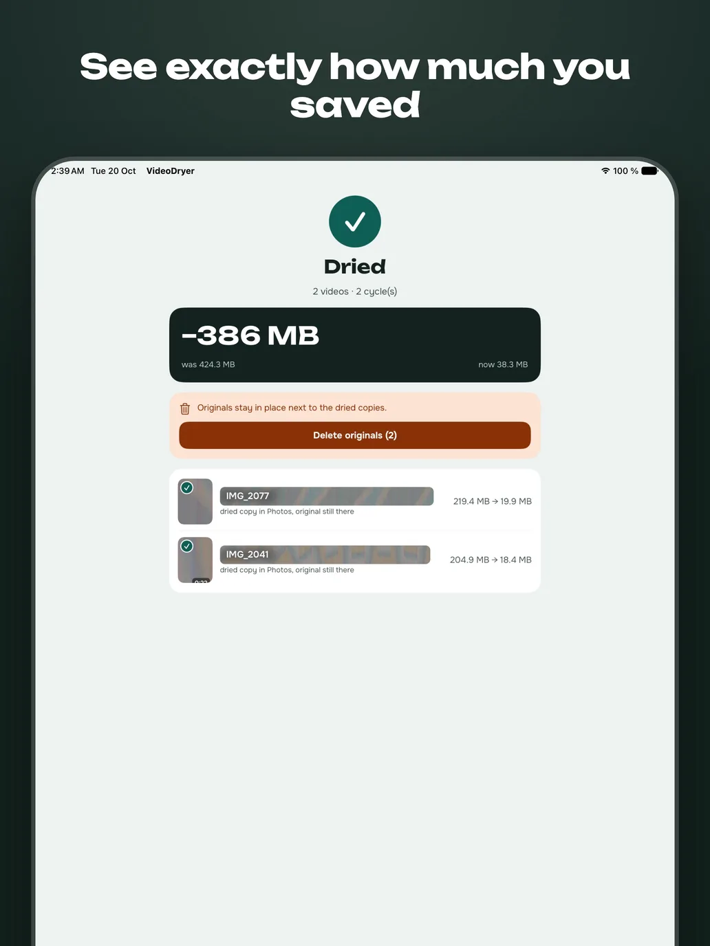 The result screen on an iPad Pro: Dried, 386 MB saved.