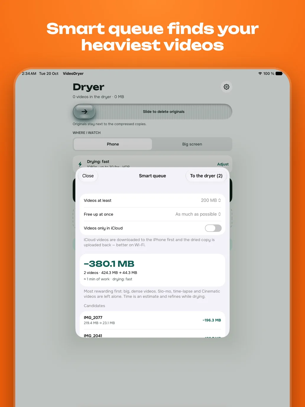 The Smart queue sheet on an iPad Pro with a forecast of 380.1 MB and the heaviest videos.