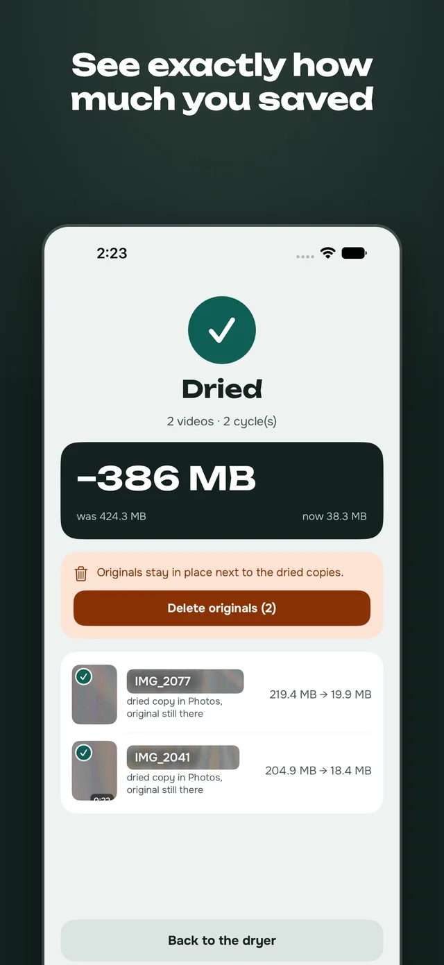 The result screen on an iPhone: Dried, 386 MB saved, from 424.3 MB to 38.3 MB, with a Delete originals button.