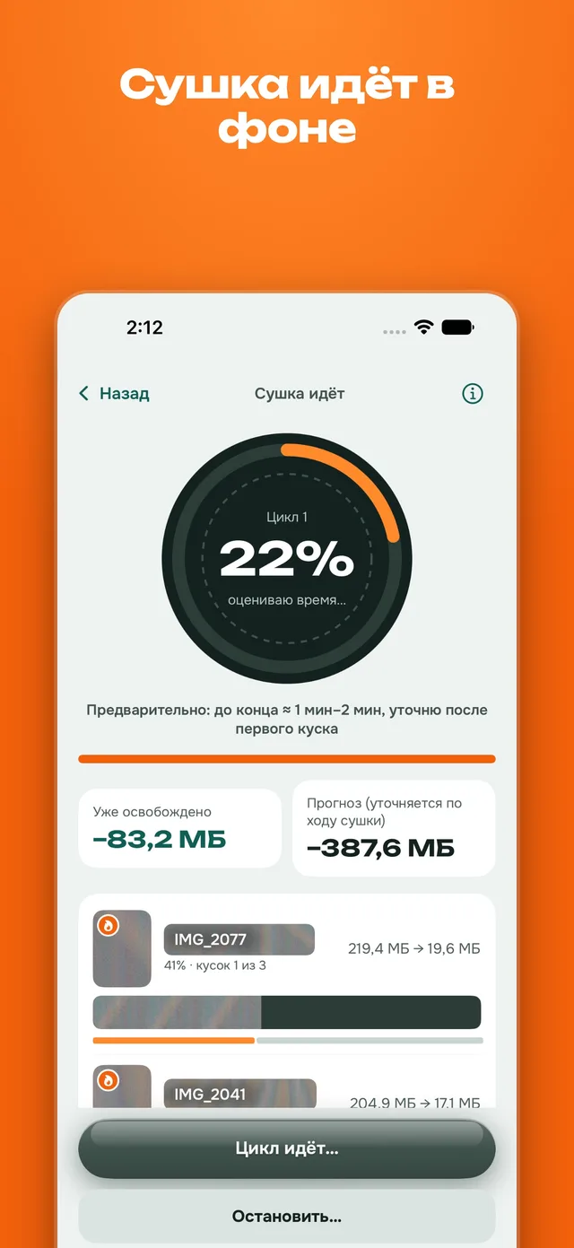 Экран сушки на iPhone: кольцо на 22 процентах, освобождено 83,2 МБ и список видео с прогрессом по кускам.