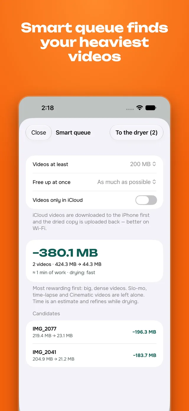 The Smart queue sheet on an iPhone: minimum size filter, a forecast of 380.1 MB and a list of the heaviest videos.